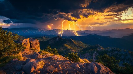 A view of a mountain range with a lightning bolt in the sky