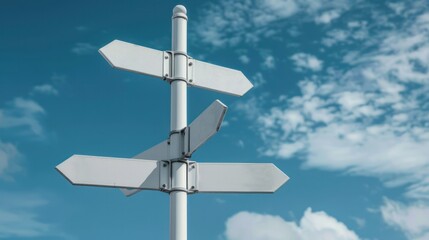 6 way white signpost pole with blur sky cloud