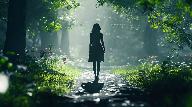 A woman walking down a path in the middle of a forest