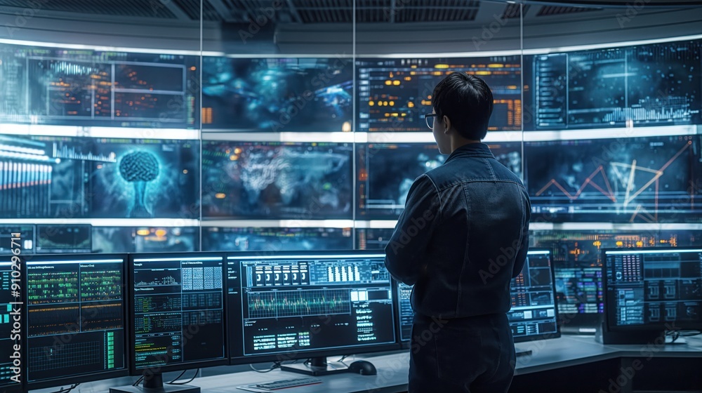 Poster technical operator stands in control room monitoring various activities on multiple displays. admini
