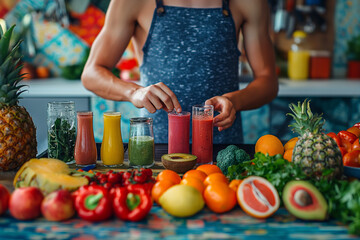 Fresh healthy smoothies preparation. Various colorful fruit and vegetable juices on a wooden table with a person making a red smoothie. Ideal for health, wellness, and lifestyle content.