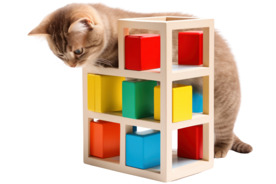 puzzle feeder toy that challenges dogs to work for their treats, with multiple compartments and hiding spots. Isolated on white background