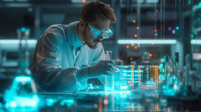 Scientist in futuristic laboratory with digital data overlay. Perfect for AI, innovation, and technology-themed projects in scientific, educational, and commercial applications