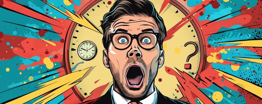 Businessman with open mouth and bright makeup and alarm clock ringing colorful background in pop art retro comic style
