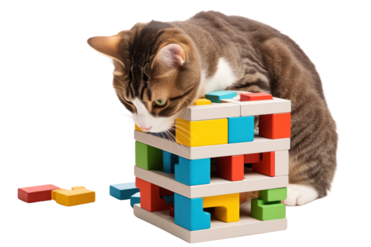 puzzle feeder toy that challenges dogs to work for their treats, with multiple compartments and hiding spots. Isolated on white background