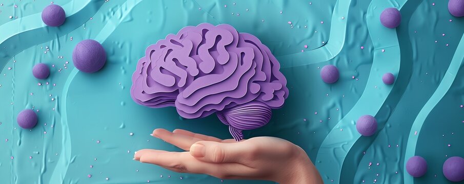 Hand holding a purple paper cut brain icon, representing mental clarity and cognitive health, Positive thoughts, Mental health care, World Mental Health Day concept Banner