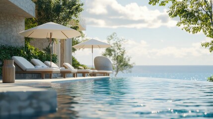 Lounge chairs and umbrellas by the ocean, perfect for a relaxing day at the beach
