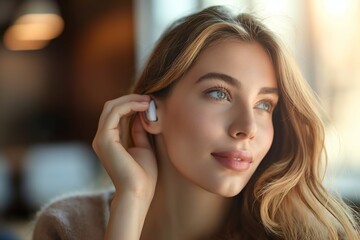 Fototapeta premium Young woman using wireless earbuds, a modern lifestyle and technology concept.