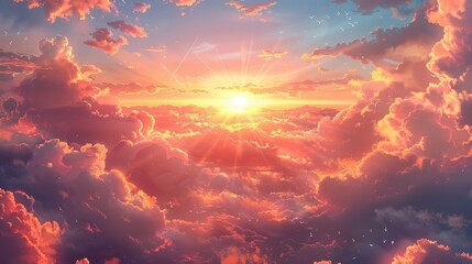  Include a radiant sun casting a warm glow, fluffy and whimsical clouds floating gently, and additional elements such as birds soaring, a distant rainbow.