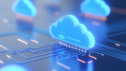 Futuristic cloud computing technology concept with glowing blue clouds and abstract digital connections on a dark background.