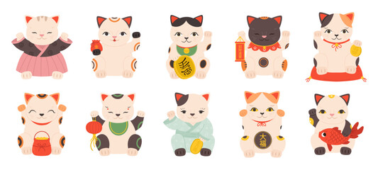 Traditional japanese maneki cat. Neko cats cartoon isolated characters. Luck and wealth asian symbols, decorative elements for house, snugly vector clipart