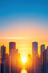 Fototapeta premium Golden sunrise over chicago river awakens urban landscape