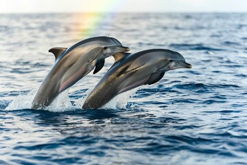 A family of bottlenose dolphins leaping in synchronized arcs under a rainbow after a tropical rainstorm, symbolizing joy and harmony in nature