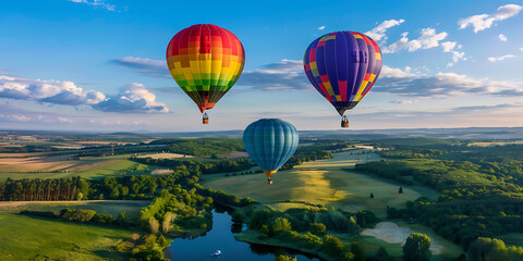 Obraz premium Three colorful hot air balloons float over a green, lush countryside with blue skies and white clouds, perfect for travel and adventure. 