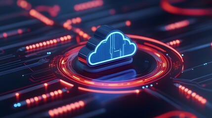 Obraz premium Futuristic cloud computing technology concept with neon elements, showing the integration and architecture of online data storage and servers.