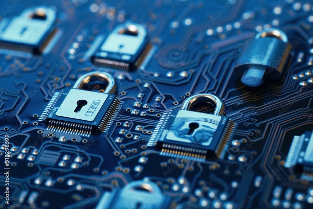 Poster secure lock on integrated circuit protects private data from hacker attack in cyber space. firewall 
