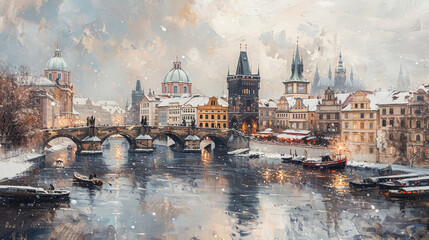 Fototapeta premium A red boat is sailing in the water near a city.