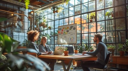 Collaborative Team Meeting in a Sunlit Greenhouse Workspace With Lively Plants