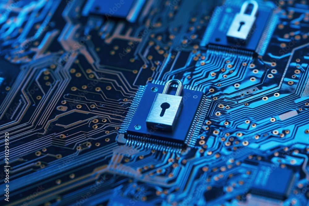 Poster blue integrated circuit with multiple locks protecting private data from hacker attack in cyberspace