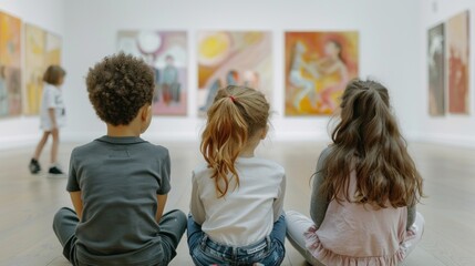 children's back Various groups of people sit on the floor in a modern art gallery and discuss paintings, illustrations, wallpapers.