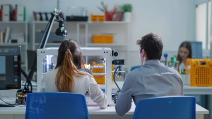 Obraz premium Behind the scenes, a team of skilled engineers sit at tables and perform quality checks on 3D printed prototypes inside a modern laboratory.
