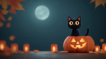 A whimsical black cat sits atop a carved pumpkin, illuminated by candlelight under a full moon in a charming autumn setting.