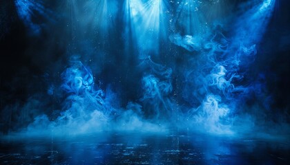 sharp visual of an illuminated stage enveloped in blue lights and swirling smoke against a dark