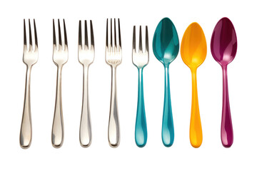 playful arrangement of colorful children's silverware, including a fork, knife, and spoon, against a vibrant white background. ,Isolated on white background