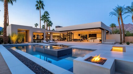 Fototapeta premium A modern minimalist patio home with a pool and neutral color palette, palm trees desert living