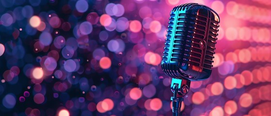 Desktop microphone with spectral graph on a minimalist white background, podcast banner design inspiration