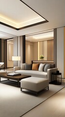 Fototapeta premium A modern small apartment interior design with clean lines, sleek furniture, and neutral color palette, featuring an open-concept living space connected to a spacious kitchen, 