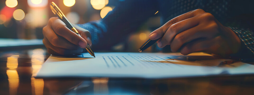 A hand signing a document with a pen, blue, brown, white, a business deal, agreement, and commitment. 
