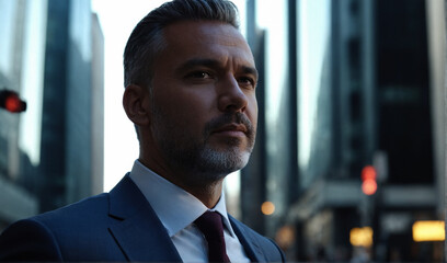 Fototapeta premium Portrait of a confident man in a business suit on the streets of the city in dark colors.