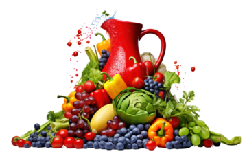 pitcher overflowing with colorful fruits and vegetables, isolated on a white background.