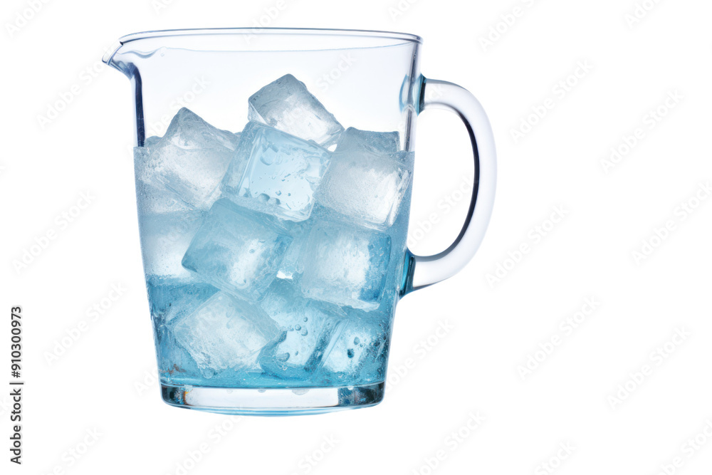 Wall mural pitcher filled with fresh, clear water and sparkling ice cubes, isolated on a white background.