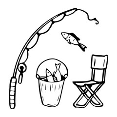 Fishing hand drawn in doodle style. Fishing rod, folding fisherman chair, bucket with catch. Fish hunting. Vector line art illustration.