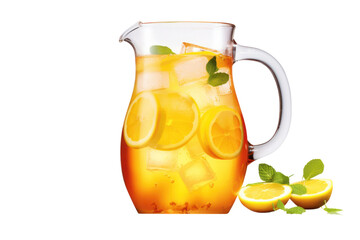 pitcher filled with a refreshing beverage, such as lemonade or iced tea, isolated on a white background.