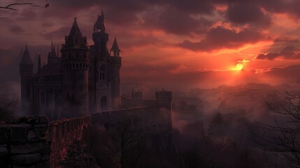 Obraz premium A Gothic Castle at Sunset with a Foggy Landscape