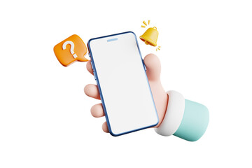 3D rendering of a cute cartoon character holding a smartphone with an orange question mark icon next to it and a vibrating yellow bell indicating a notification.