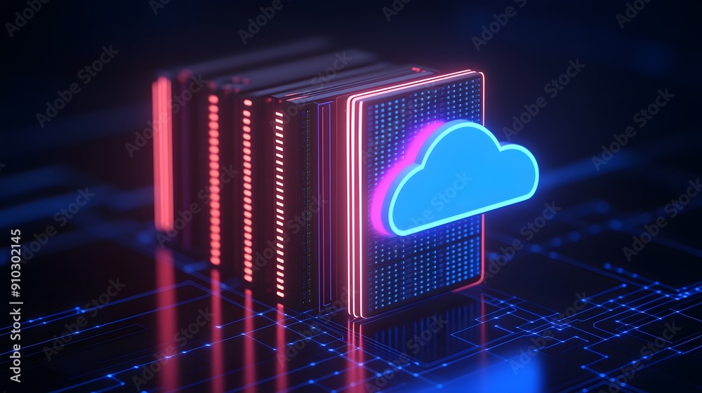 Poster futuristic data server with neon cloud symbol representing cloud computing, data storage, and modern
