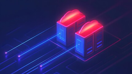 Fototapeta premium Futuristic data servers with neon lights representing modern technology and data transfer, set against a dark background.