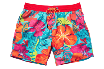 pair of vibrant floral print men's swim shorts, isolated on a white background.