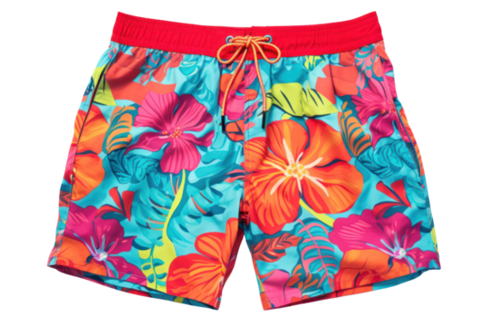 pair of vibrant floral print men's swim shorts, isolated on a white background.