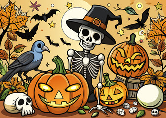 Хэллоуин (Halloween). A poster dedicated to Halloween. A stylized human skull in a hat against the background of a full moon and flying bats. 