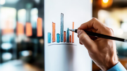 Hand drawing bar chart on whiteboard in modern office setting to illustrate business growth and analysis.