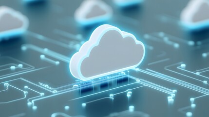 Futuristic digital cloud computing concept with glowing cloud icons connected to a circuit board, representing data storage and technology.