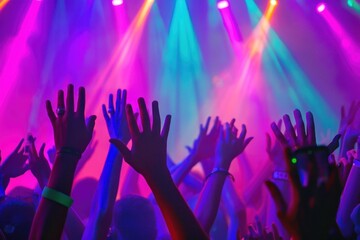 Crowd dancing in the club Happily having fun by raising your hands with neon lights background image