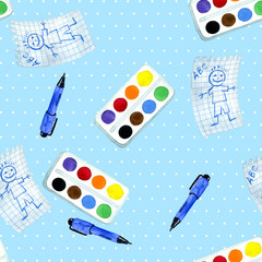 Seamless pattern with hand drawn school, doodles and back to school. Stationery background texture.