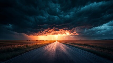 Dramatic stormy road with lightning in the distance and dark clouds