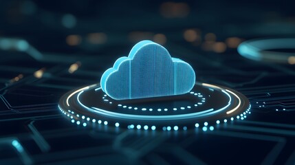 Futuristic digital cloud icon with glowing circuits and data connections, representing modern technology and cloud computing concepts.
